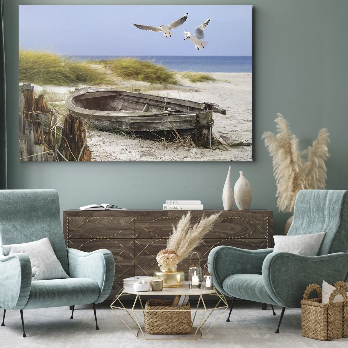 Impression sur toile - Image sur toile - Bateau abandonné sur une plage avec des mouettes - 120x80cm - Bain de vent - Décoration murale moderne pour le salon et la chambre ARTTOR
