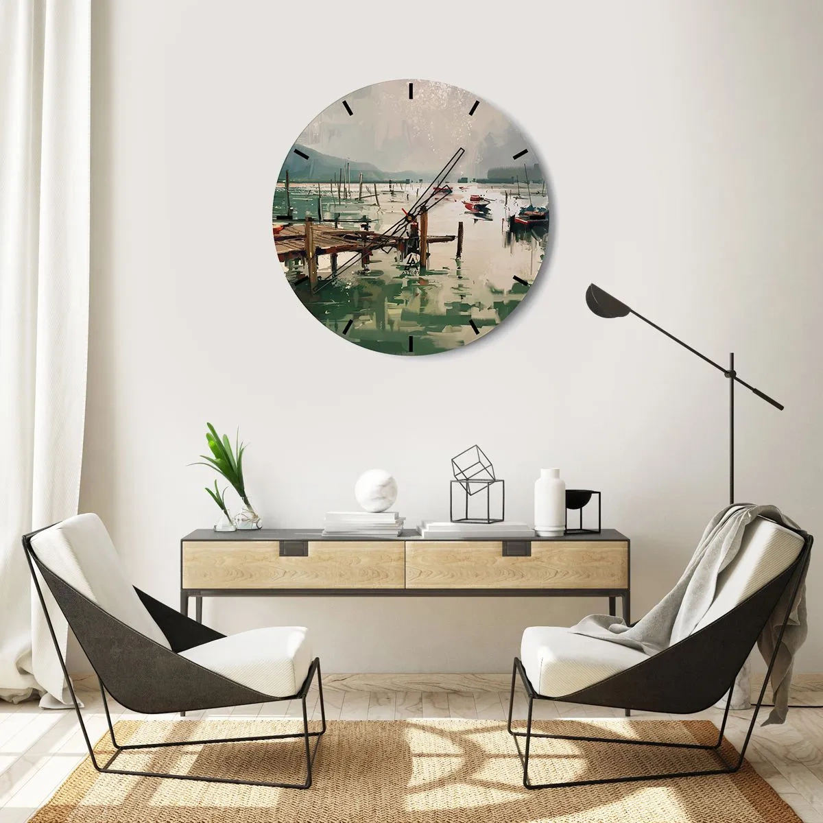 Horloge murale - Pendule murale - Une jetée atmosphérique avec des bateaux sur une eau calme - 30x30cm - Trempé dans une lune en fusion - Décoration murale moderne pour le salon, la cuisine et la chambre ARTTOR