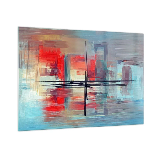 Impression sur verre - Image sur verre - Une abstraction colorée avec du rouge et du bleu, inspirée d'un paysage. - 100x70cm - Un paysage dans une dimension inconnue - Décoration murale moderne pour le salon et la chambre ARTTOR