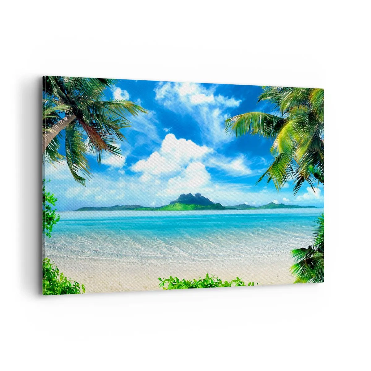 Impression sur toile - Image sur toile - Plage tropicale avec palmiers et vue sur l'île - 100x70cm - L'azur des tropiques - Décoration murale moderne pour le salon et la chambre ARTTOR