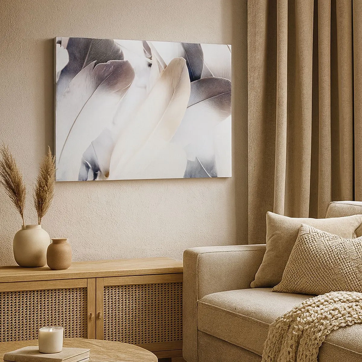 Impression sur toile - Image sur toile - Gros plan de plumes délicates dans des tons de blanc et de gris - 70x50cm - Presque angélique - Décoration murale moderne pour le salon et la chambre ARTTOR