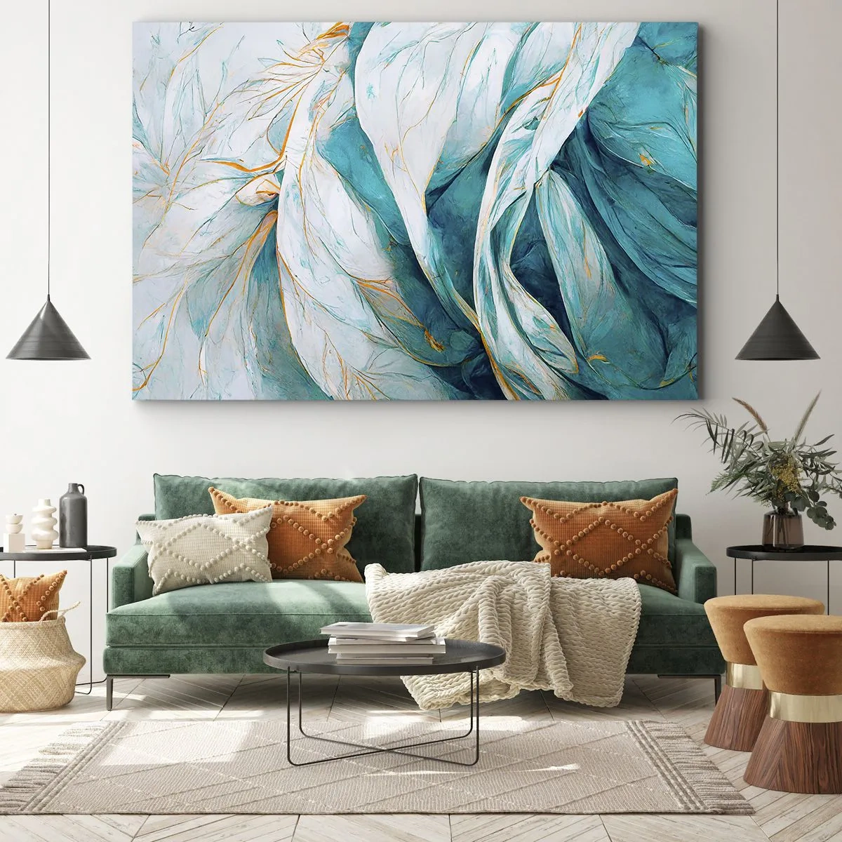 Impression sur toile - Image sur toile - Feuilles bleues abstraites avec des détails dorés - 70x50cm - Abstraction bleue avec un motif doré - Décoration murale moderne pour le salon et la chambre ARTTOR