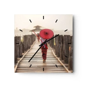 Horloge murale - Pendule murale - Une femme avec un parapluie rouge sur un pont en bois - 30x30cm - Sur le vieux pont - Décoration murale moderne pour le salon et la chambre ARTTOR