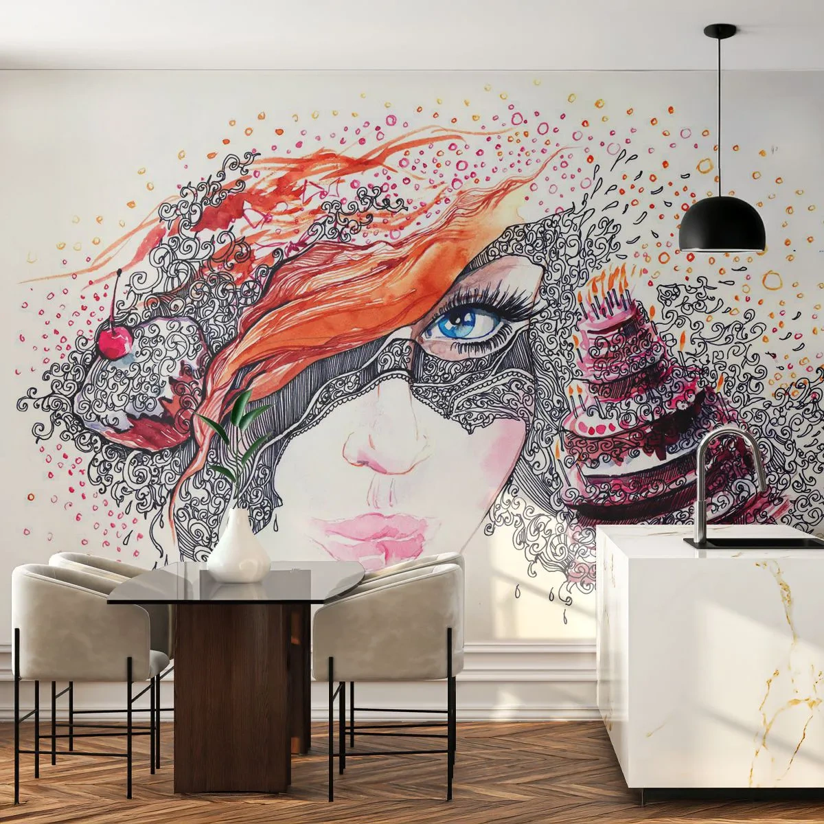 Papier Peint Photo Premium Canvas - Avec elle, c'est tous les jours la fête - Abstraction, Visage de femme, Gâteau - 350x256 cm