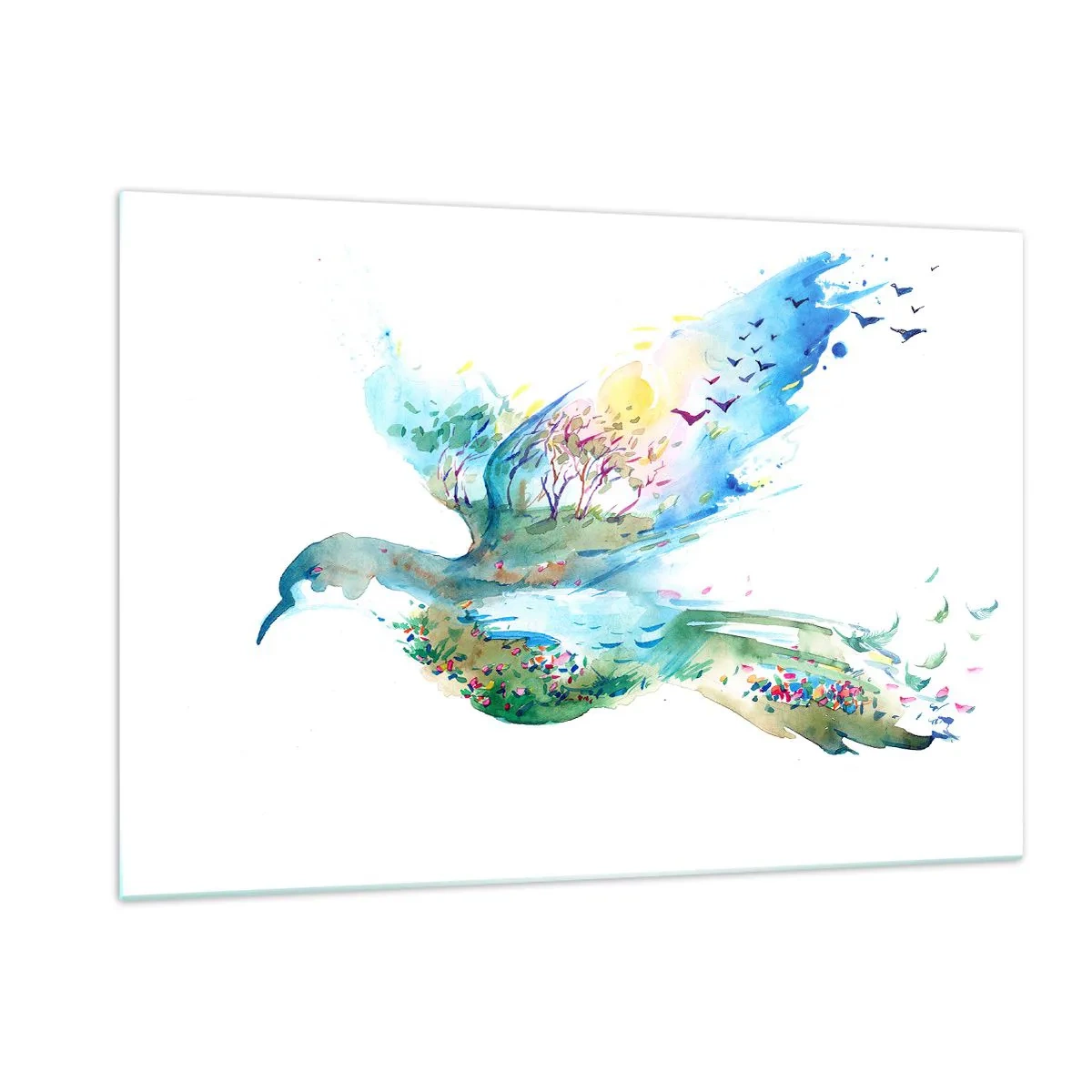 Impression sur verre - Image sur verre - Silhouette aquarelle d'un oiseau avec un paysage en arrière-plan - 120x80cm - Sur les ailes de la nature - Décoration murale moderne pour le salon et la chambre ARTTOR