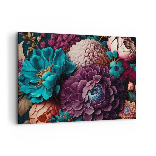 Impression sur toile - Image sur toile - Un bouquet de fleurs aux couleurs intenses sur fond sombre - 100x70cm - La nature en abondance - Décoration murale moderne pour le salon et la chambre ARTTOR