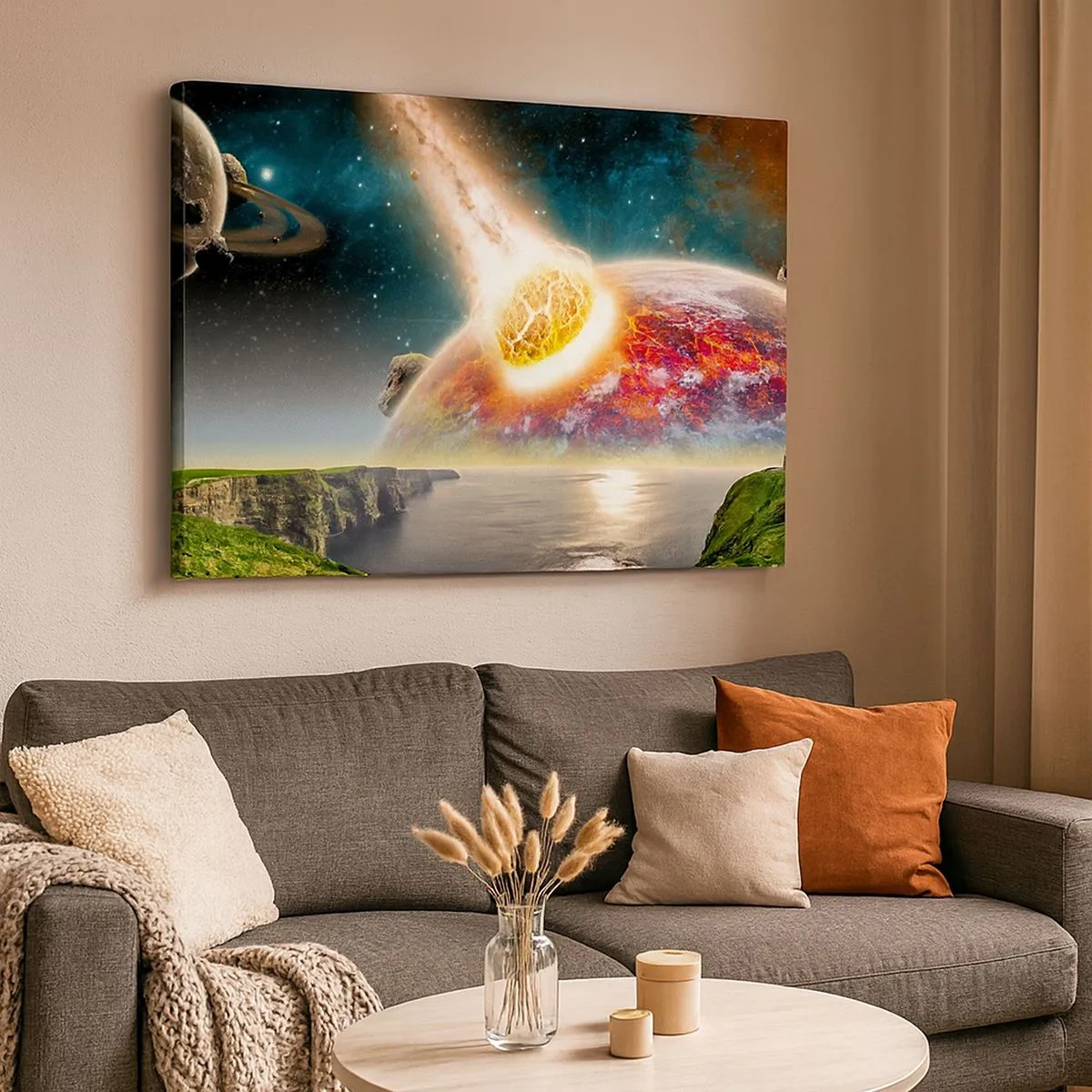Impression sur toile - Image sur toile - Une météorite entre en collision avec une planète dans un paysage cosmique. - 70x50cm - Drame spatial - Décoration murale moderne pour le salon et la chambre ARTTOR