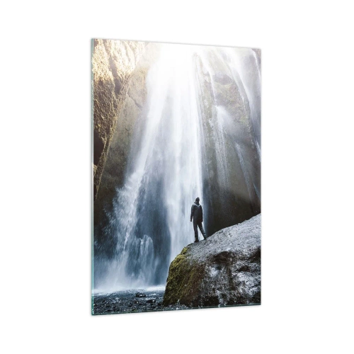 Impression sur verre - Image sur verre - Une silhouette sur fond de cascade majestueuse dans une gorge rocheuse - 70x100cm - Restauration des proportions - Décoration murale moderne pour le salon et la chambre ARTTOR