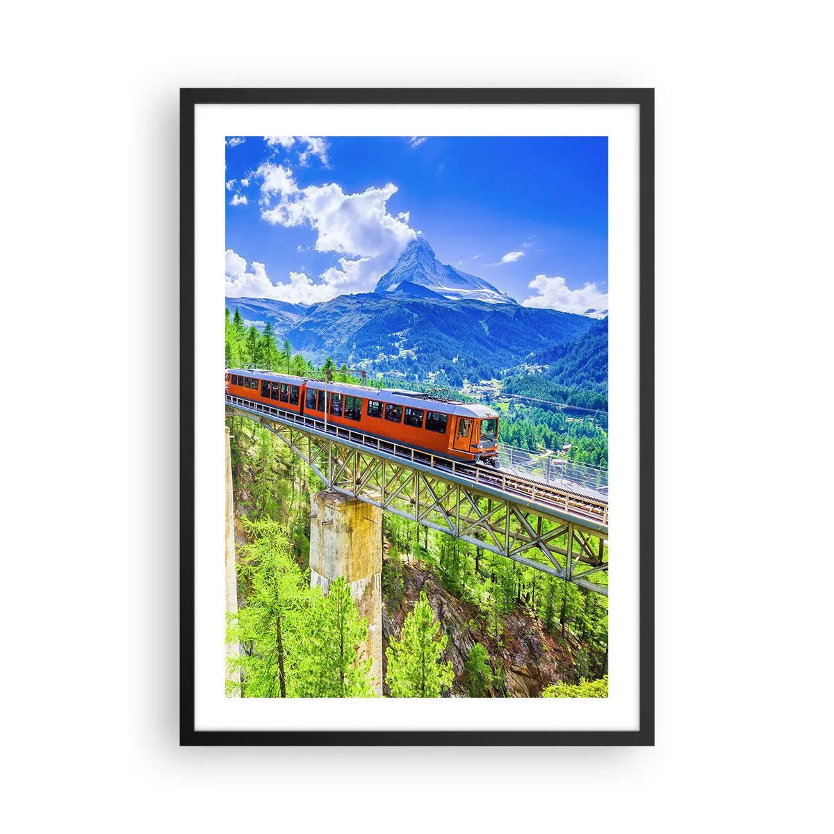 Affiche dans un cadre noir - Poster - Un train sur un pont dans les Alpes avec vue sur le Cervin - 50x70cm - Train dans les Alpes - Décoration murale moderne pour le salon et la chambre ARTTOR