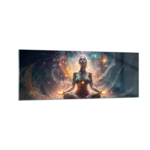 Impression sur verre - Image sur verre - Une figure méditante entourée de motifs et de couleurs énergétiques. - 140x50cm - Flux de bonne énergie - Décoration murale moderne pour le salon et la chambre ARTTOR