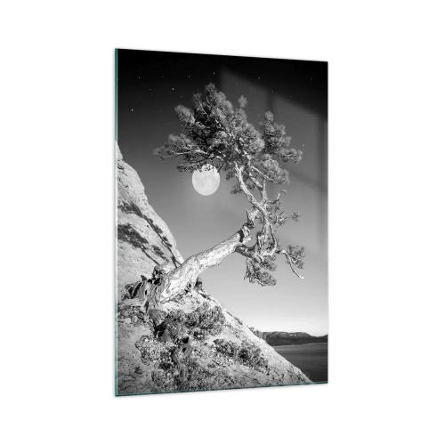 Impression sur verre - Image sur verre - Arbre noir et blanc sur une falaise avec la lune en arrière-plan - 70x100cm - Un combattant vainqueur - Décoration murale moderne pour le salon et la chambre ARTTOR