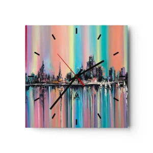 Horloge murale - Pendule murale - Paysage urbain coloré avec reflet sur l'eau - 30x30cm - Noyé par la lumière de la nuit - Décoration murale moderne pour le salon et la chambre ARTTOR