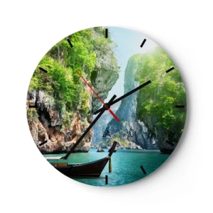 Horloge murale - Pendule murale - Baie tropicale avec un bateau contre les rochers - 30x30cm - Une invitation à un voyage exotique - Décoration murale moderne pour le salon, la cuisine et la chambre ARTTOR