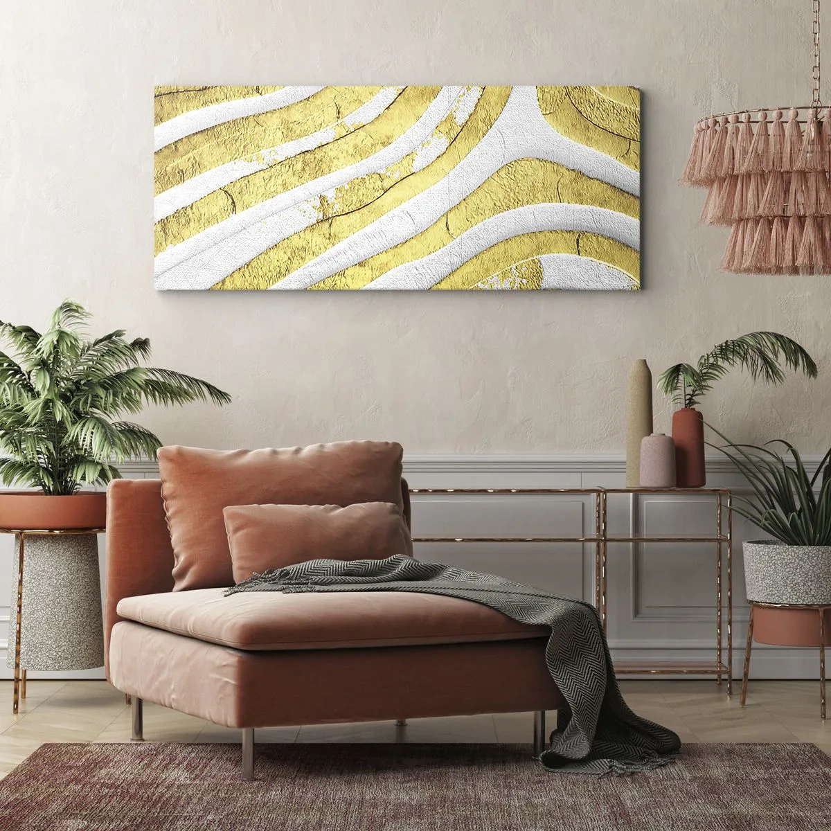 Impression sur toile - Image sur toile - Composition en blanc et or - 90x30 cm