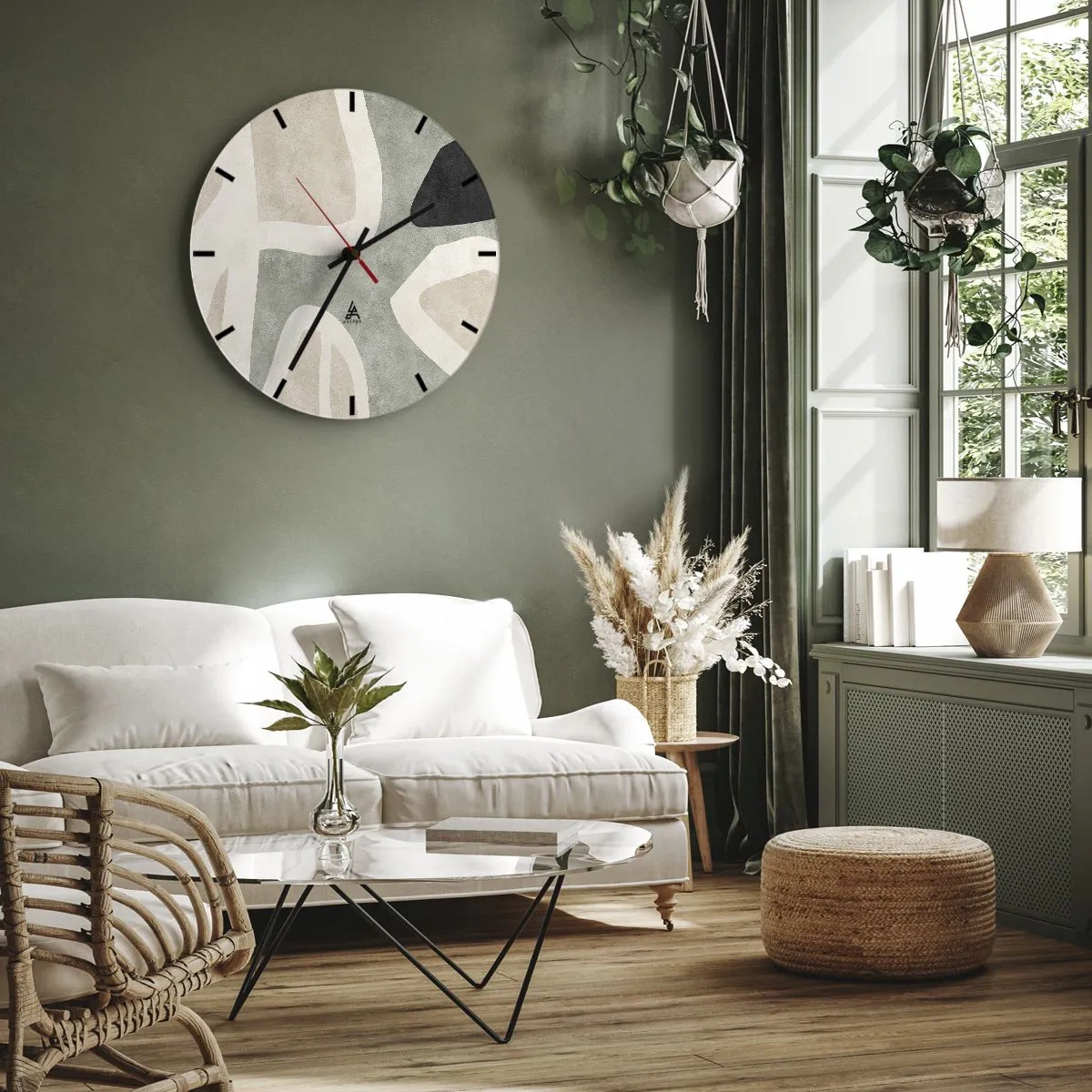 Horloge murale - Pendule murale - Formes organiques en beige, noir et vert sur fond clair - 30x30cm - Composition pour motif noir - Décoration murale moderne pour le salon, la cuisine et la chambre ARTTOR