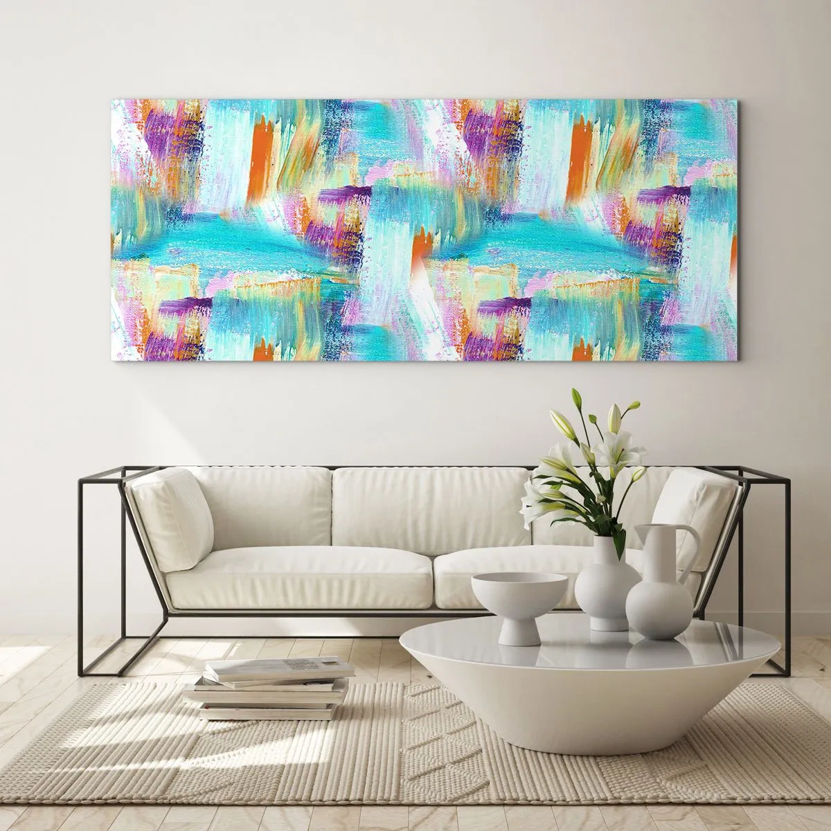 Impression sur verre - Image sur verre - Abstraction colorée avec des coups de pinceau dynamiques - 120x50cm - Labyrinthe reluisant - Décoration murale moderne pour le salon et la chambre ARTTOR