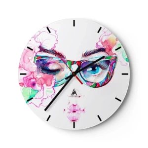 Horloge murale - Pendule murale - Portrait à l'aquarelle avec des lunettes colorées et des fleurs - 30x30cm - Une promesse tentante - Décoration murale moderne pour le salon, la cuisine et la chambre ARTTOR