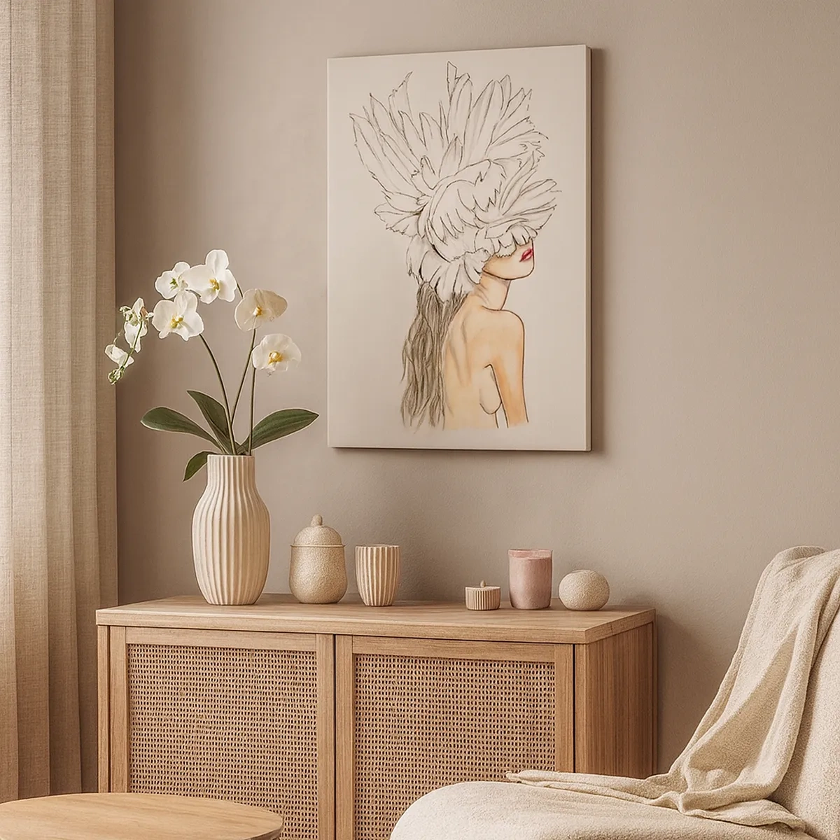 Impression sur toile - Image sur toile - Portrait d'une femme avec décoration de plumes dans un style artistique - 50x70cm - Beauté couronnée - Décoration murale moderne pour le salon et la chambre ARTTOR