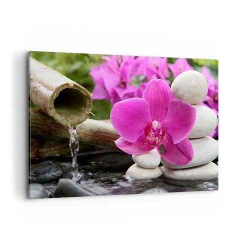 Impression sur toile - Image sur toile - Orchidée violette, pierres et bambou avec de l'eau dans un cadre relaxant - 100x70cm - Tu te reposes déjà - Décoration murale moderne pour le salon et la chambre ARTTOR