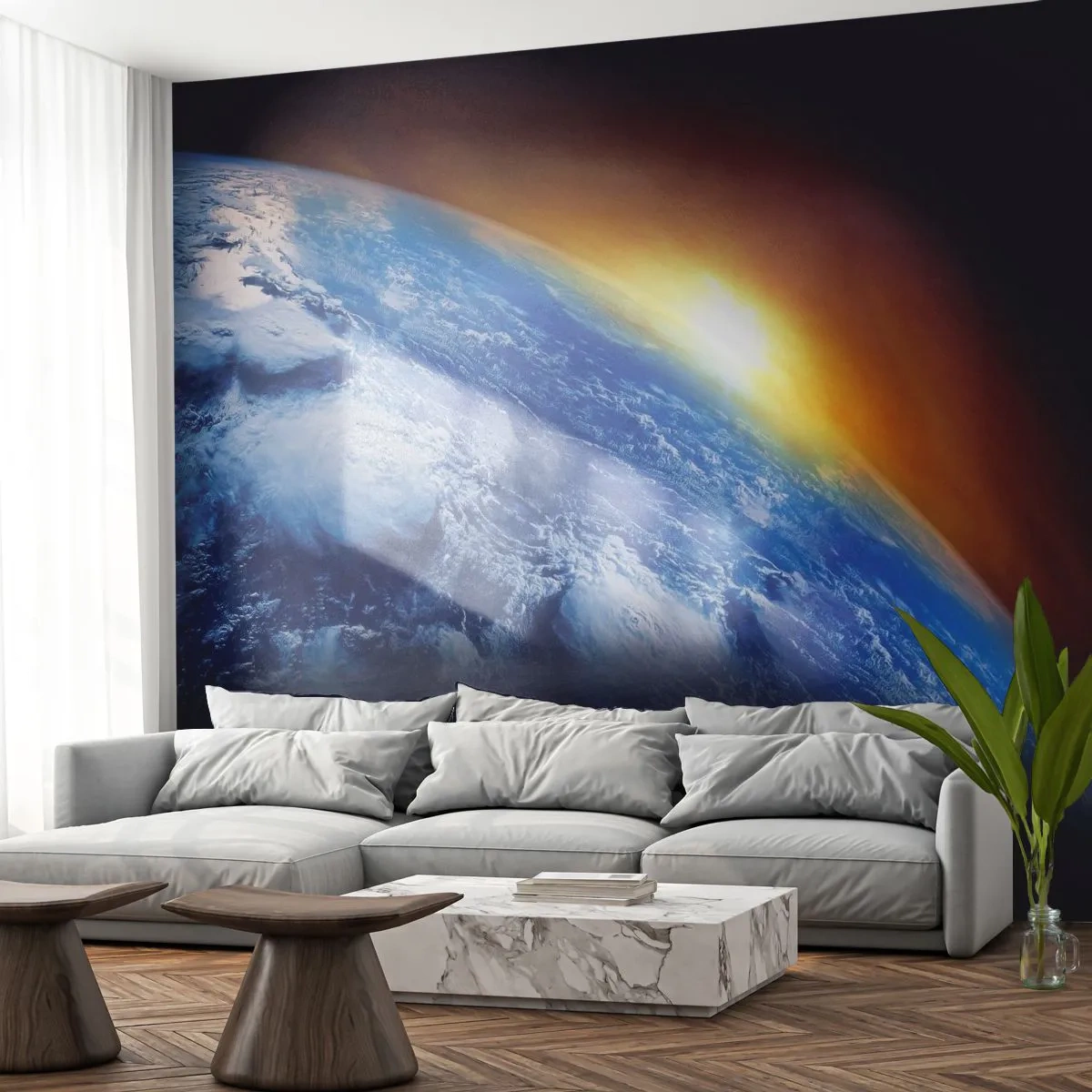 Papier Peint Autocollant Deluxe Sticker - Lever de soleil sur la planète bleue - Abstraction, 3D, Cosmos - 250x175 cm