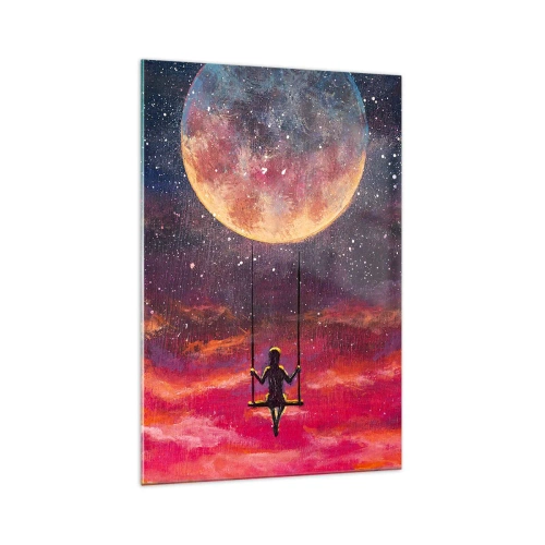 Impression sur verre - Image sur verre - Une silhouette sur une balançoire suspendue contre la lune - 70x100cm - Se balancer dans les nuages - Décoration murale moderne pour le salon et la chambre ARTTOR
