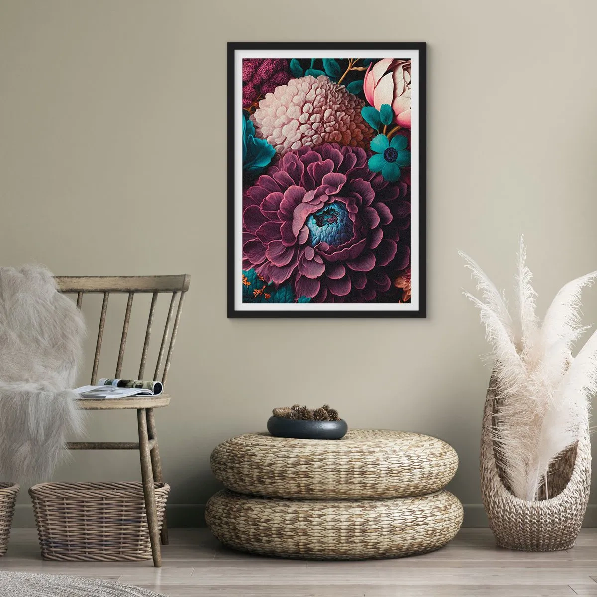 Affiche dans un cadre noir - Poster - Une composition florale aux nuances profondes - 50x70cm - La nature en abondance - Décoration murale moderne pour le salon et la chambre ARTTOR