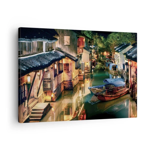 Impression sur toile - Image sur toile - Vue nocturne des canaux avec bateaux et maisons traditionnels - 70x50cm - Soirée dans une rue chinoise - Décoration murale moderne pour le salon et la chambre ARTTOR