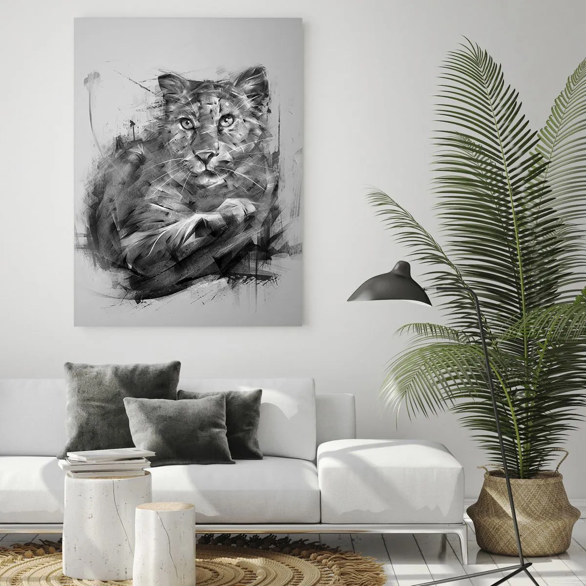Impression sur verre - Image sur verre - Portrait noir et blanc d'un lion dans un style artistique avec des traits dynamiques. - 80x120cm - Oui, j'écoute attentivement - Décoration murale moderne pour le salon et la chambre ARTTOR