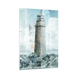 Impression sur verre - Image sur verre - Phare vintage avec des nuages en arrière-plan - 50x70cm - Sur du vieux bois - Décoration murale moderne pour le salon et la chambre ARTTOR