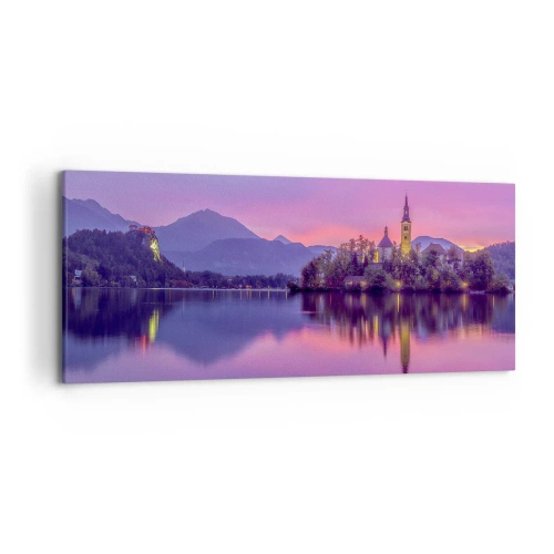 Impression sur toile - Image sur toile - Lac avec une île et une église au coucher du soleil - 120x50cm - Une île de conte de fées au crépuscule - Décoration murale moderne pour le salon et la chambre ARTTOR