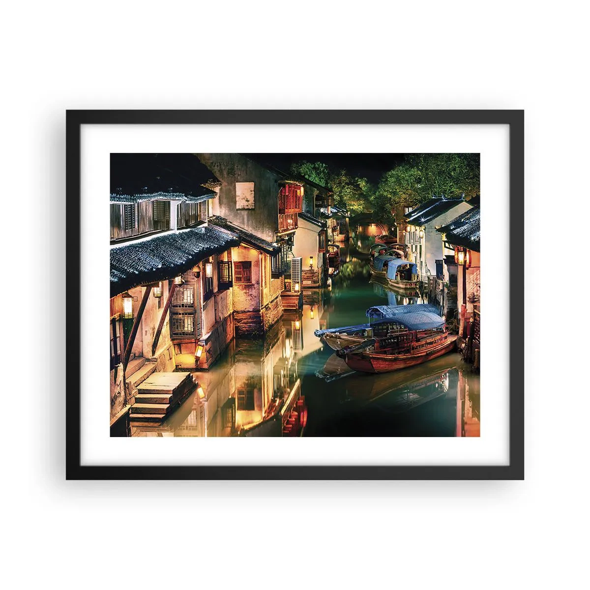 Affiche dans un cadre noir - Poster - Soirée dans une rue chinoise - 50x40 cm