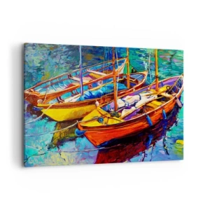 Impression sur toile - Image sur toile - Bateaux colorés sur une eau calme - 100x70cm - Sur l'eau épaisse de couleurs - Décoration murale moderne pour le salon et la chambre ARTTOR