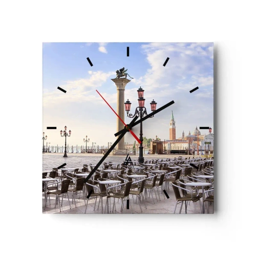 Horloge murale - Pendule murale - Venise, vue de la place avec des colonnes et des tables de café - 30x30cm - Nous vous invitons, tout est prêt - Décoration murale moderne pour le salon et la chambre ARTTOR