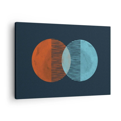 Impression sur toile - Image sur toile - Deux cercles orange et bleus sur fond sombre - 70x50cm - Fantaisie astronomique - Décoration murale moderne pour le salon et la chambre ARTTOR