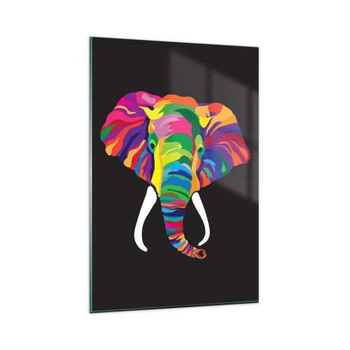 Impression sur verre - Image sur verre - Une image colorée d'un éléphant sur fond noir - 80x120cm - L'éléphant qui aimait se baigner dans un arc-en-ciel - Décoration murale moderne pour le salon et la chambre ARTTOR