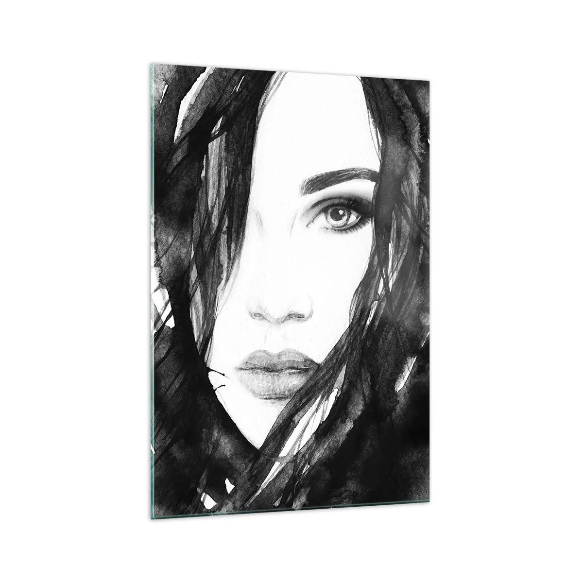 Impression sur verre - Image sur verre - Portrait de femme à l'aquarelle noir et blanc - 70x100cm - Portrait d'une dame en noir et blanc - Décoration murale moderne pour le salon et la chambre ARTTOR