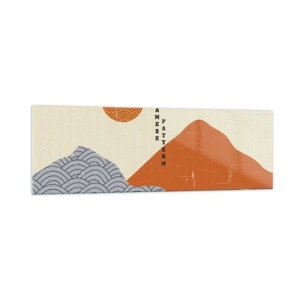 Impression sur verre - Image sur verre - Motifs japonais avec montagnes, soleil et style minimaliste - 160x50cm - Dans l'esprit japonais - Décoration murale moderne pour le salon et la chambre ARTTOR