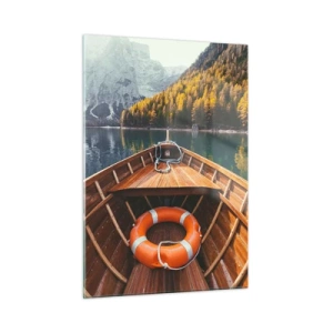 Impression sur verre - Image sur verre - Vue depuis un bateau en bois sur un lac de montagne et une forêt d'automne - 50x70cm - Escapade en montagne - Décoration murale moderne pour le salon et la chambre ARTTOR