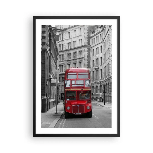 Affiche dans un cadre noir - Poster - Un bus rouge dans une rue de Londres en noir et blanc - 50x70cm - La vie de tous les jours ne doit pas être grise - Décoration murale moderne pour le salon et la chambre ARTTOR