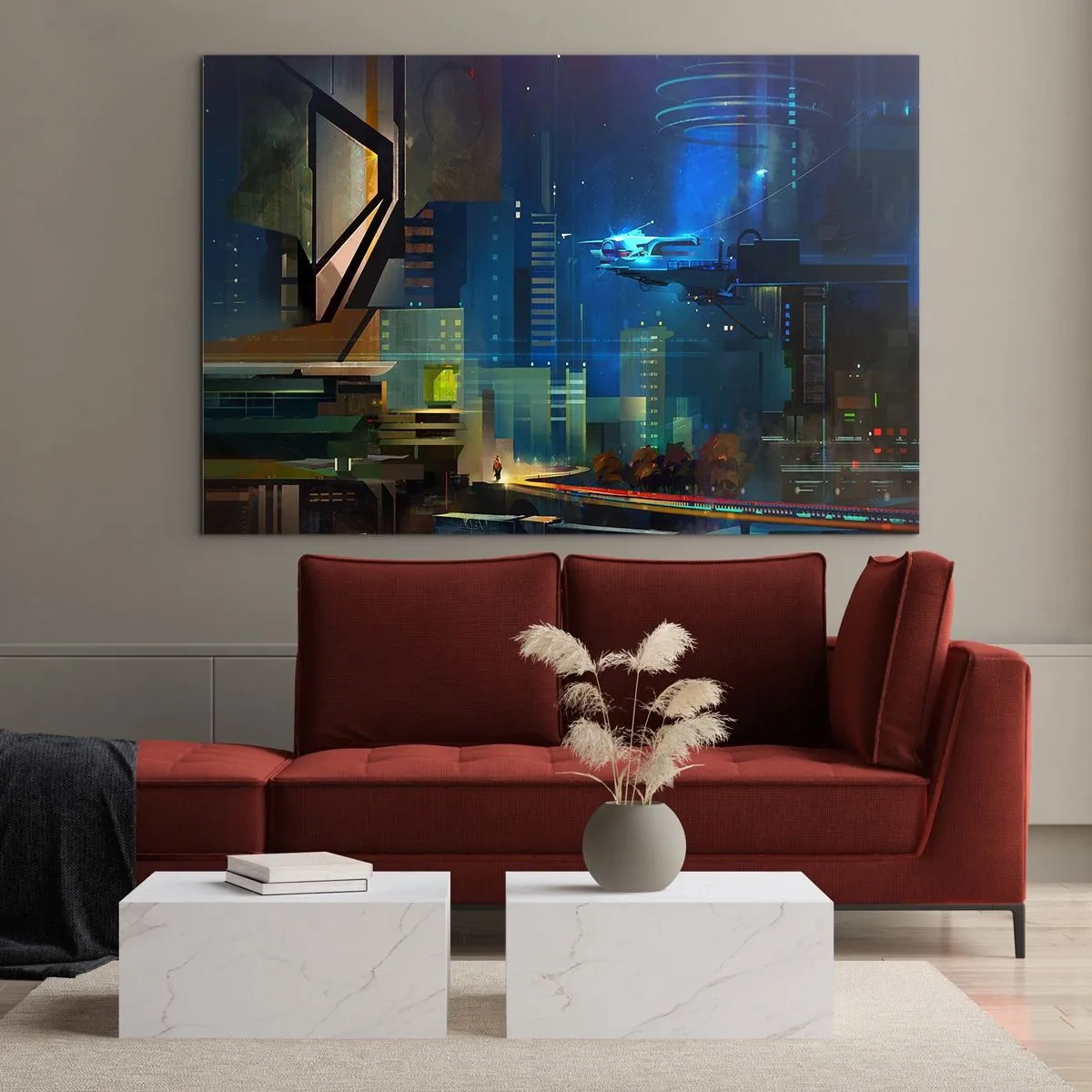 Impression sur verre - Image sur verre - Ville futuriste la nuit avec des néons et un véhicule volant - 70x50cm - Dans le futur proche - Décoration murale moderne pour le salon et la chambre ARTTOR