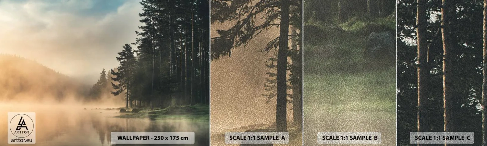 Échantillon de Papier Peint Premium Sand - Naissance du jour - Paysage, Lac, Forêt - 100x30 cm