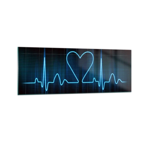 Impression sur verre - Image sur verre - Une ligne de vie avec un cœur sur un fond de surveillance médicale dans des tons bleus. - 140x50cm - Au rythme du cœur - Décoration murale moderne pour le salon et la chambre ARTTOR
