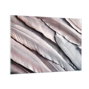 Impression sur verre - Image sur verre - Gros plan de plumes pastel dans des tons de rose et d'argent - 100x70cm - En argent rose - Décoration murale moderne pour le salon et la chambre ARTTOR