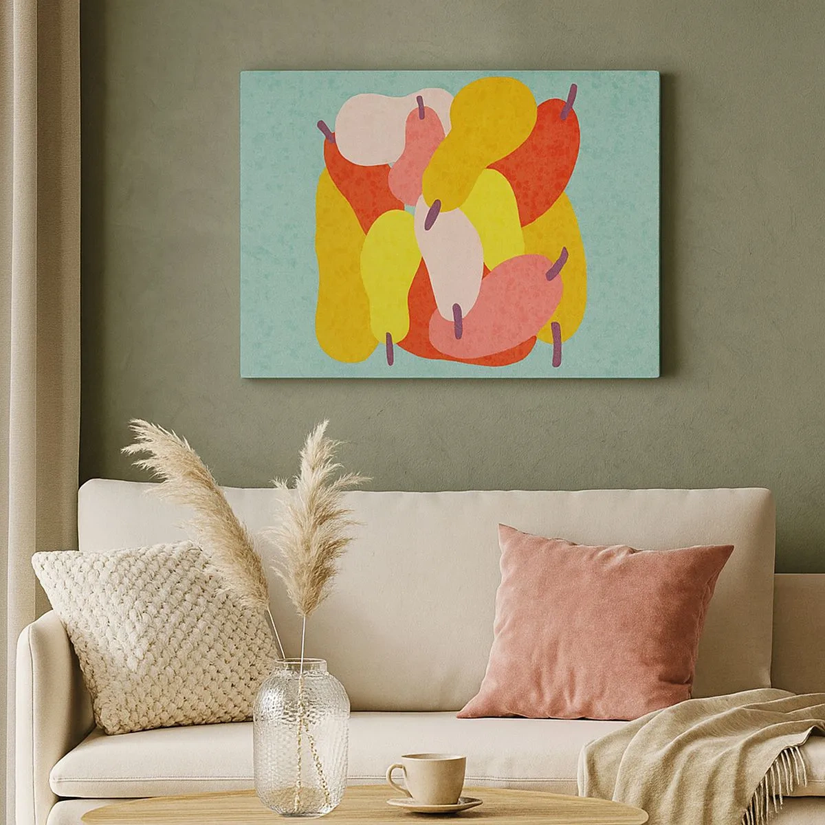 Impression sur toile - Image sur toile - Poires abstraites colorées sur fond vert - 70x50cm - Essayez le soleil d'été - Décoration murale moderne pour le salon et la chambre ARTTOR