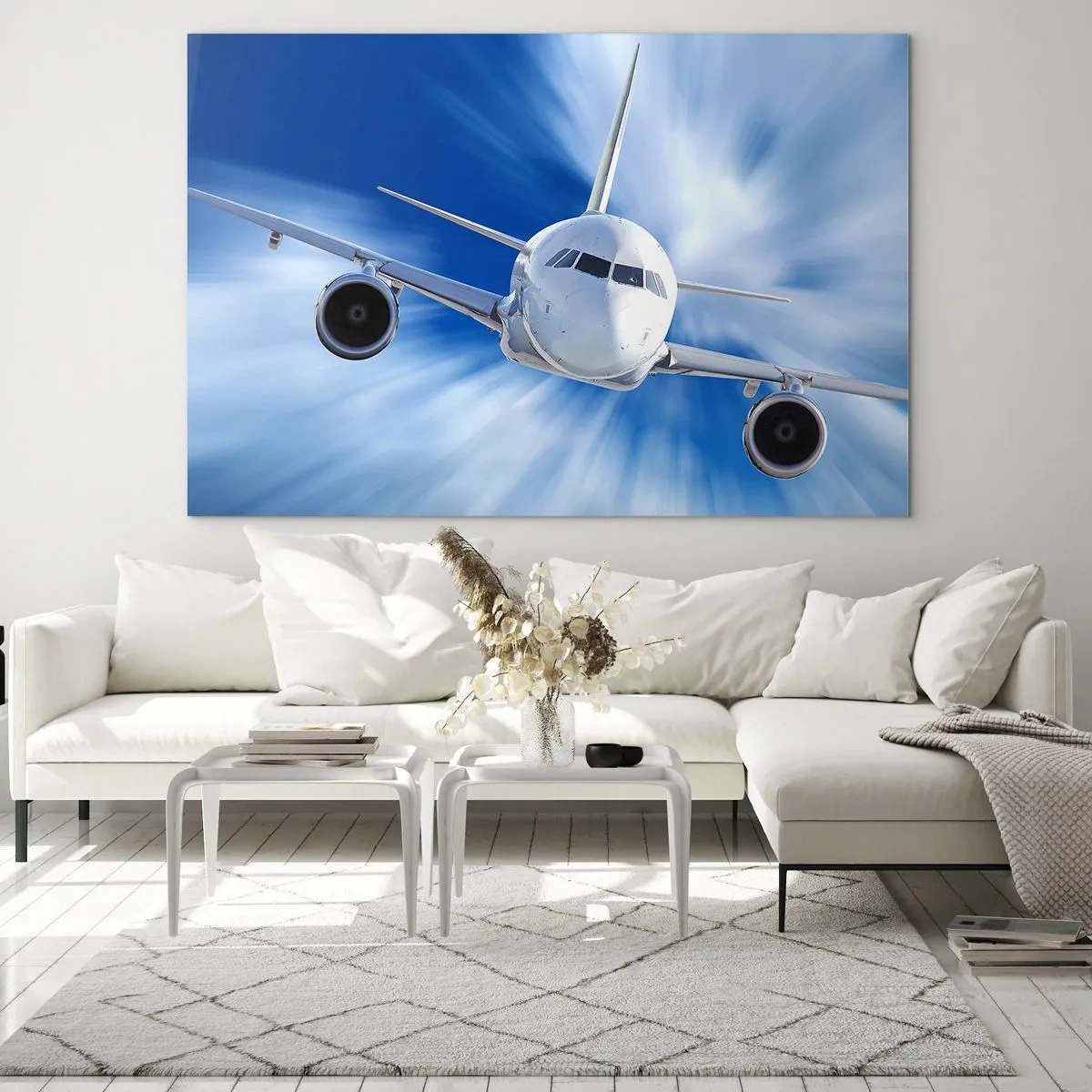 Impression sur verre - Image sur verre - Un avion de ligne contre un ciel bleu dynamique - 70x50cm - Plus vite que le vent dans le ciel - Décoration murale moderne pour le salon et la chambre ARTTOR