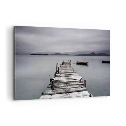 Impression sur toile - Image sur toile - Un pont en bois menant à la surface calme du lac - 100x70cm - Tu peux partir demain - Décoration murale moderne pour le salon et la chambre ARTTOR