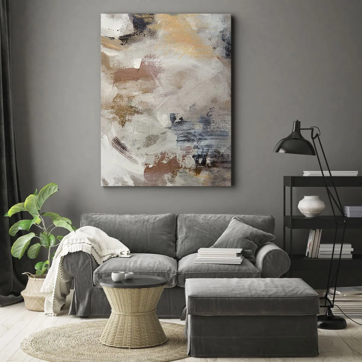Impression sur toile - Image sur toile - Taches abstraites dans des tons neutres de beige et d'or - 80x120cm - Abstraction brumeuse - Décoration murale moderne pour le salon et la chambre ARTTOR