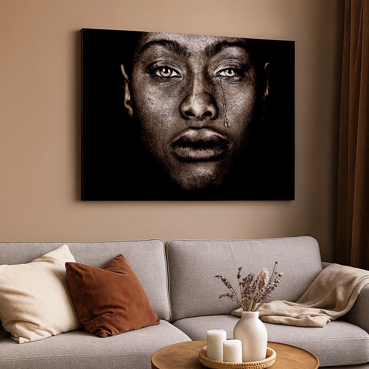 Impression sur toile - Image sur toile - Portrait d'un visage avec une seule larme sur fond noir - 70x50cm - Une larme - Décoration murale moderne pour le salon et la chambre ARTTOR