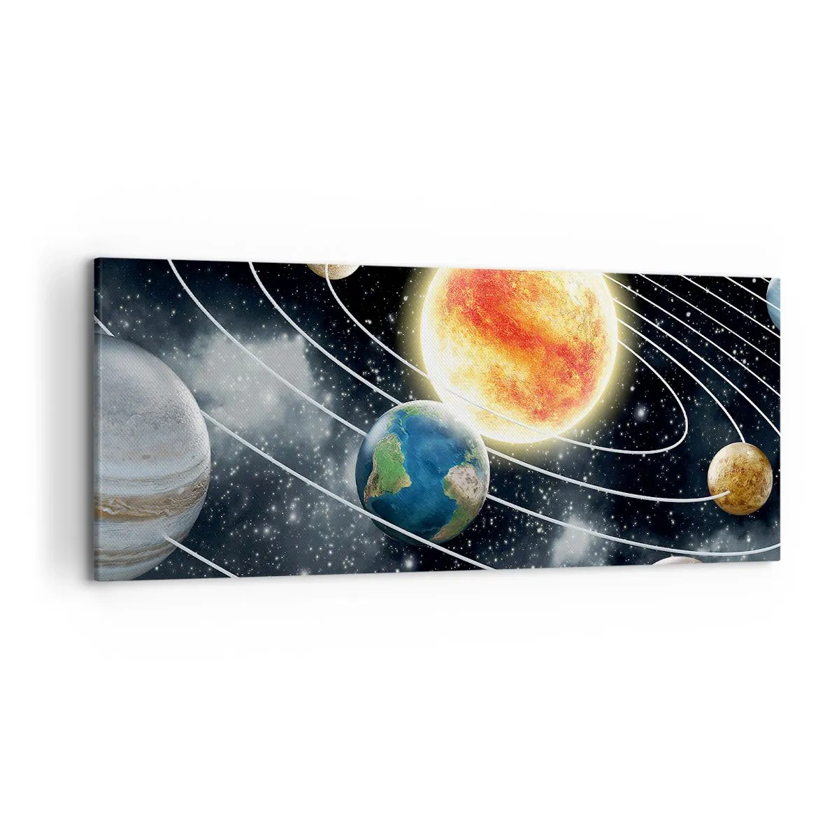 Impression sur toile - Image sur toile - Système solaire avec planètes et soleil dans l'espace - 120x50cm - Danse cosmique - Décoration murale moderne pour le salon et la chambre ARTTOR