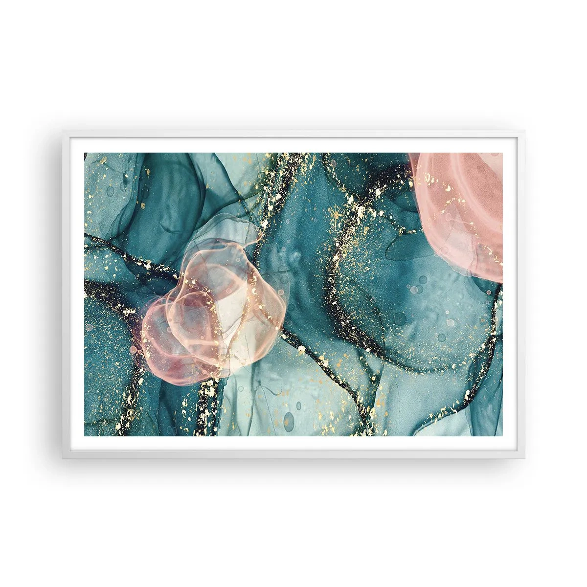 Affiche dans un cadre blanc - Poster - Soie bleu, tulle rose - 100x70 cm